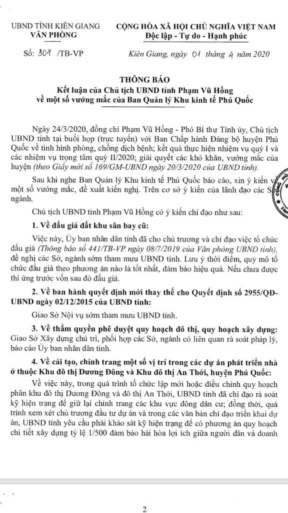 Kết luận của Chủ tịch Phạm Vũ Hồng về đề suất của BQLKKTPQ như sau 