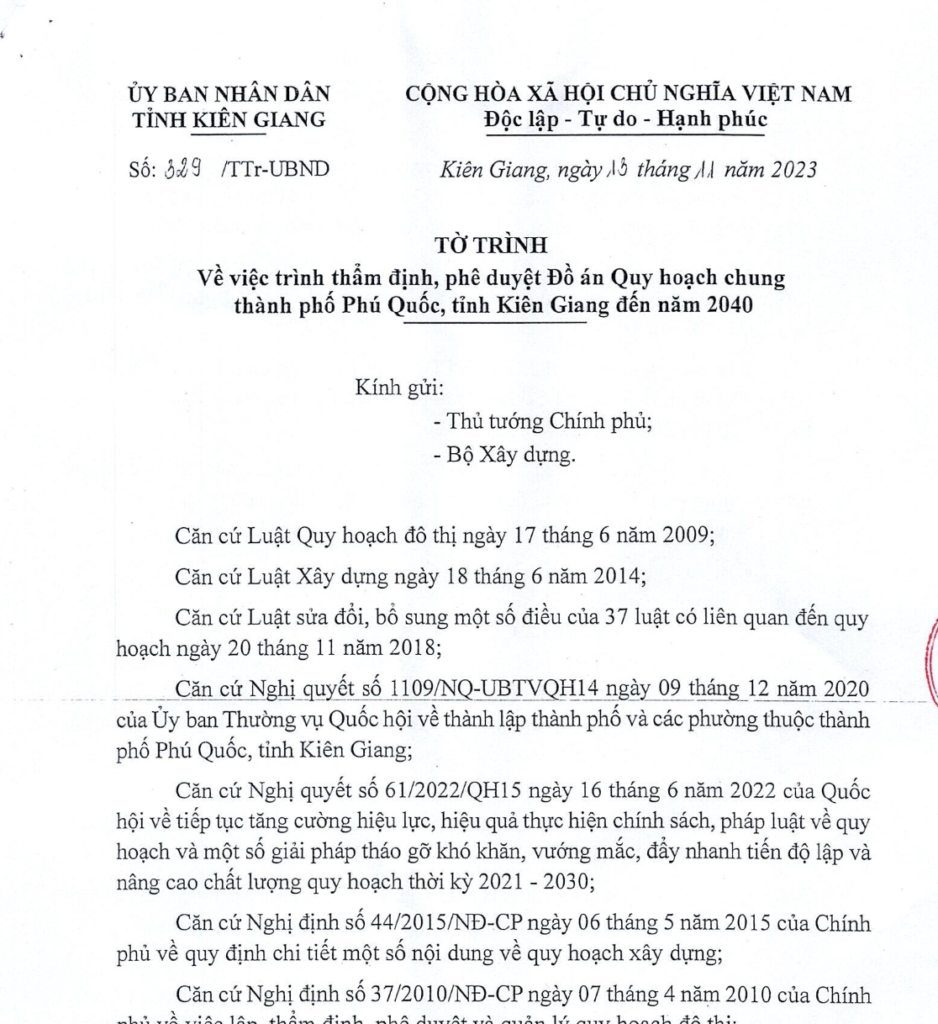 Tờ trình 329 TTr/UBND Kiên Giang về Thông qua quy hoạch Phú Quốc đến năm 2040 được ký vào tháng 11 năm 2023 1