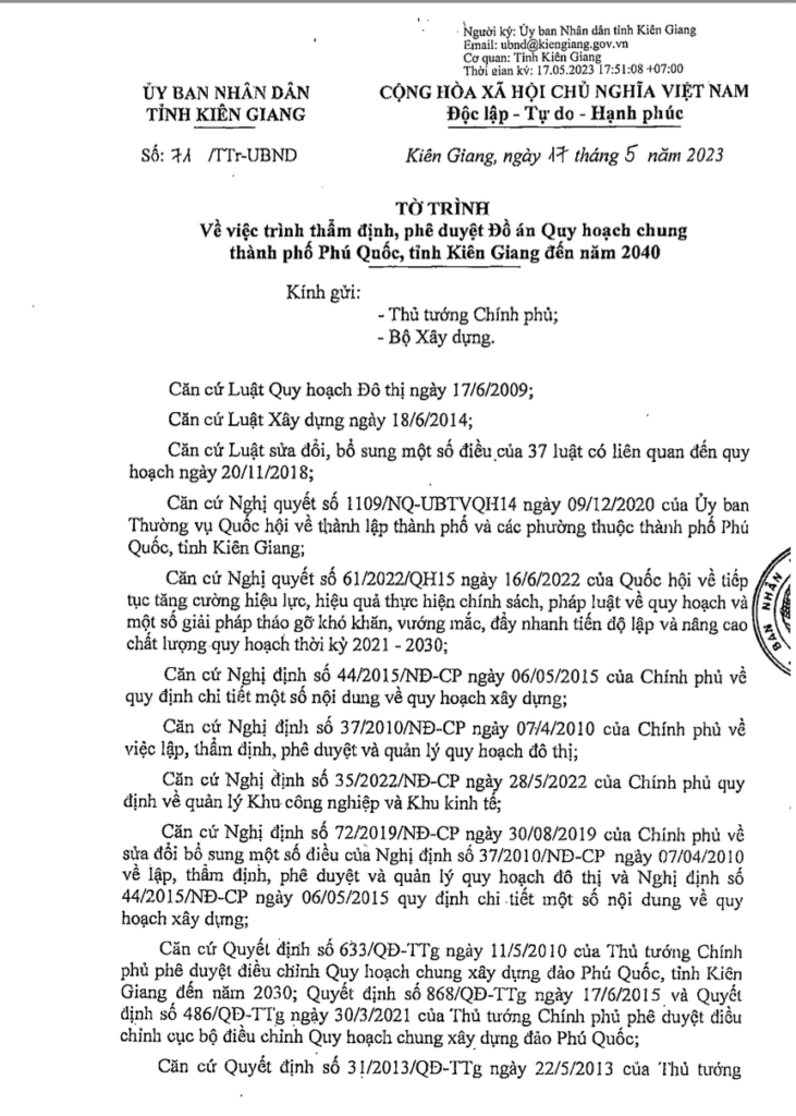 Tờ trình 71 TTr/UBND Kiên Giang về Thông qua quy hoạch Phú Quốc đến năm 2040 được ký vào tháng 5 năm 2023 1