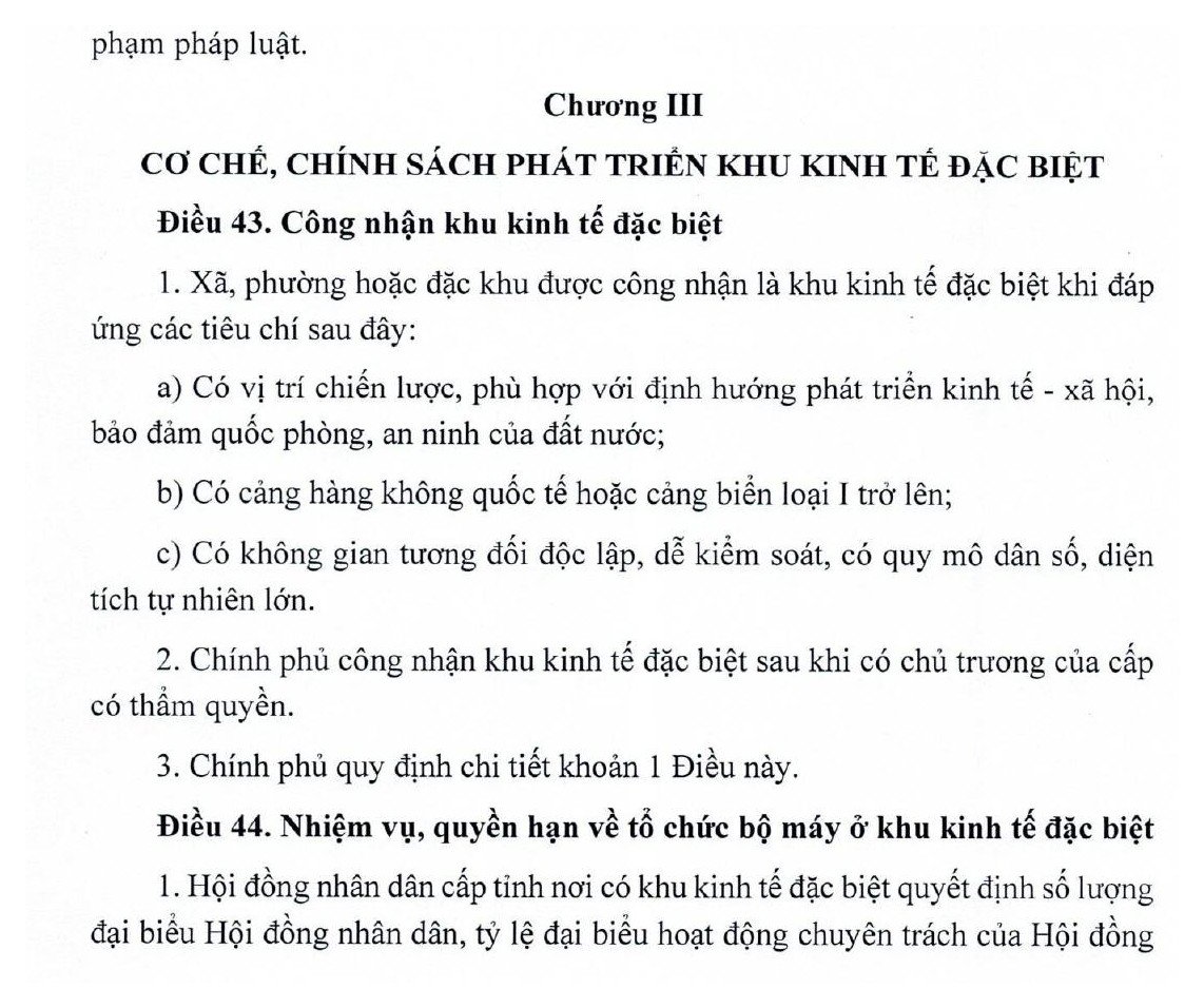 Điều 43 Luật Phát triển đô thị 2026 quy định điều kiện công nhận Khu kinh tế đặc biệt